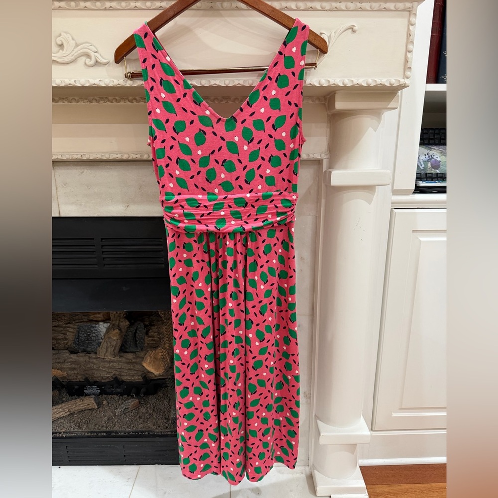 Boden 6 Pink Green Pear Print Jersey Midi Dress Cottagecore Fit & Flare Summer - Picture 6 of 11